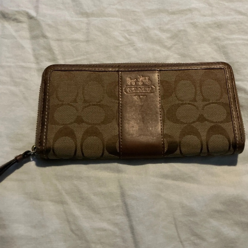 Coach Tan and Brown Signature Zip Wallet